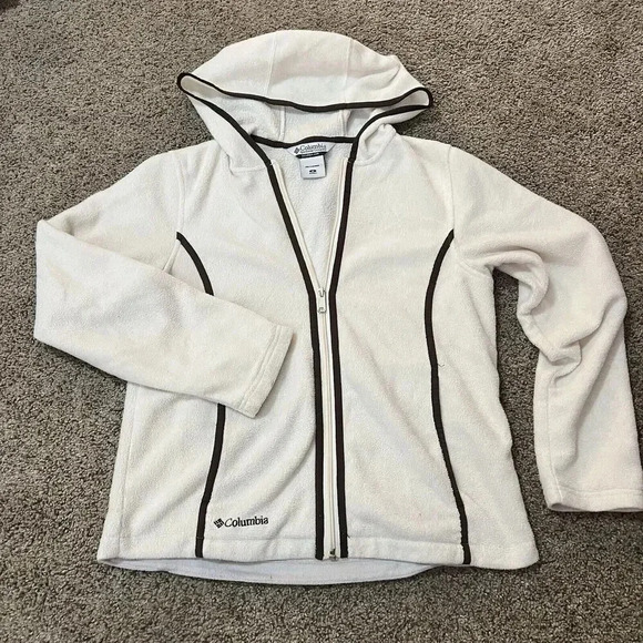 Columbia‎ Vintage Piped Full Zip Fleece Jacket Thermal Womens Ivory Brown Hooded - Picture 1 of 9